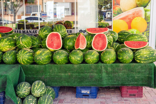 Alanya, Turkey- 22 July 2026: Fresh Watermelon Display at a Local Market in Alanya, Turkey