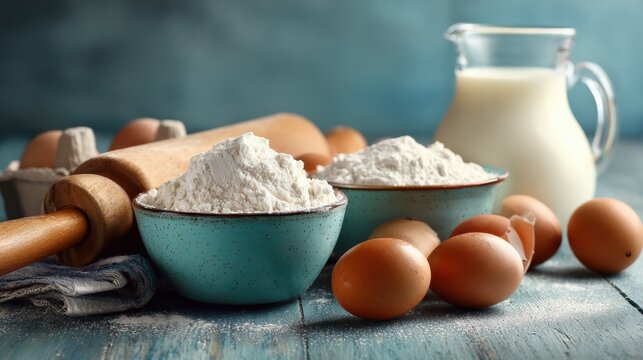 Rustic baking ingredients on wooden table, flour bowls and rolling pin, eggs and milk for homemade bread and pastry