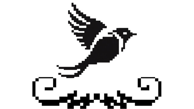 Pixel art flying bird silhouette with ornamental flourish decoration vector illustration