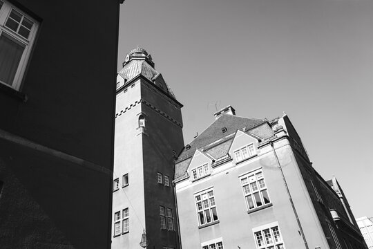 Black and white view of historical building tower