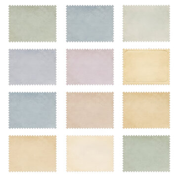Set of twelve vintage postage stamps with textured paper and pastel colors