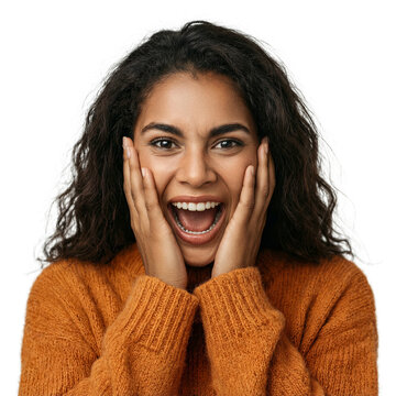 Woman portrait shock sweater isolated 19 year old multiracial female screaming in exaggerated surprise while wearing a cozy orange knit sweater