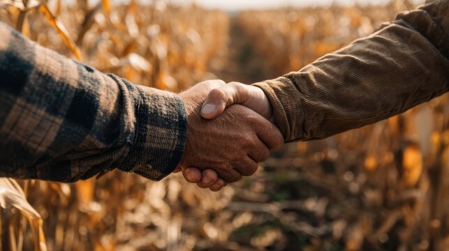 Rustic handshake in cornfield at sunset, farmer agreement closeup, teamwork partnership gesture in autumn harvest