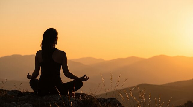 Serene sunset meditation on a mountain peak, a moment of mindful solitude amidst breathtaking natural beauty and tranquil skies, embracing peace and inner balance
