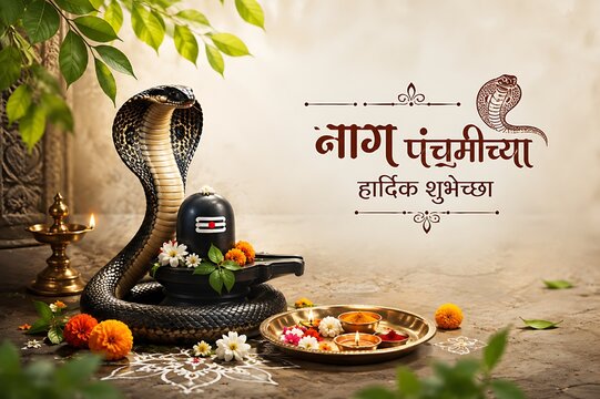 Traditional Nag Panchami Hindu festival celebrating Lord Shiva, Vasuki serpent, Shiva Lingam, sacred worship rituals, Indian spirituality, premium religious banner with generous copy space