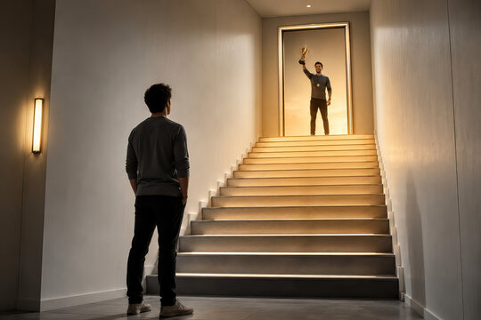 Dramatic indoor scene: a person imagines walking up the stairs and receiving a trophy. Concept of achieving a goal.