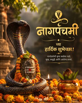 Sacred Nag Panchami festival background with Lord Shiva, Shiva Lingam, divine cobra symbolism, Hindu religious traditions, spiritual blessings, elegant copy space composition