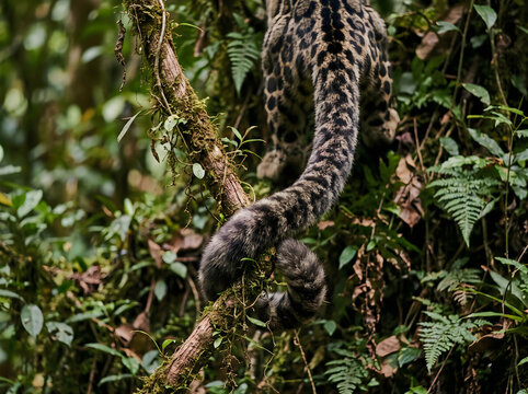 Close-up of clouded leopard's long thick tail curling around hanging vine, blending with jungle environment, green and brown tones