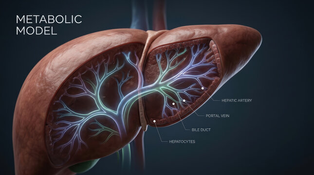 Personalized medicine ai liver anatomy metabolic model medical illustration hepatocyte portal vein bile duct