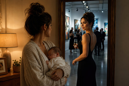 A woman holding a baby imagines herself as a businesswoman in an art gallery.