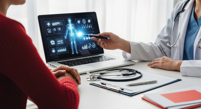 Doctor explains digital health data to patient using holographic interface on laptop