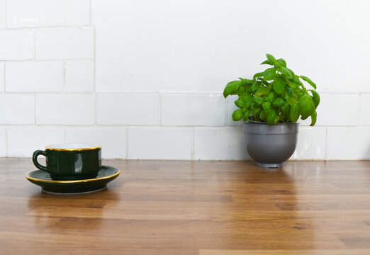 Kitchen Counter with Basil Plant, Wooden Coffee Pots, Cup and Saucer with Copy Space
