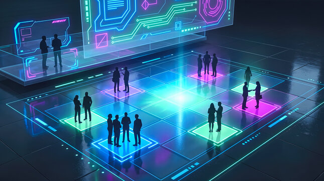 High angle view of business people silhouettes on a luminous neon heatmap grid. Futuristic talent mapping and networking concept
