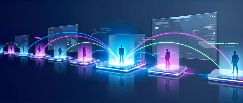 Silhouettes of people on glowing platforms connected by neon arcs. Digital ecosystem and virtual networking concept. Futuristic technology interface with floating screens