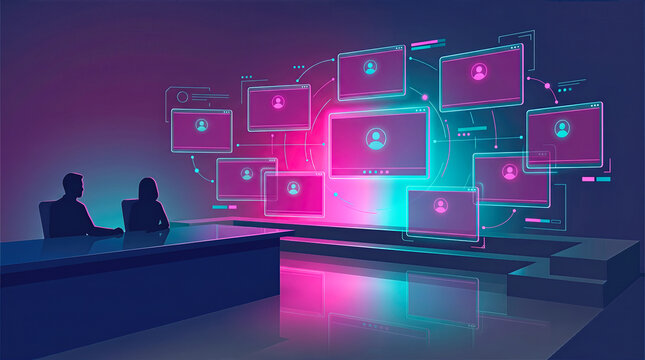 Silhouettes of a business team conducting a remote interview. Constellation of luminous magenta and teal digital screens showing candidate profiles. Concept of virtual hiring and global communication