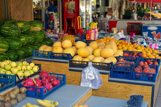 Alanya, Turkey, 22 July 2026: Fresh fruit display at a local street grocery store in Alanya, Turkey