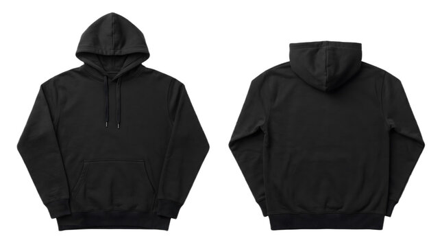 Studio flat lay view showing the front and back of a plain black cotton hoodie sweatshirt isolated on a white background.