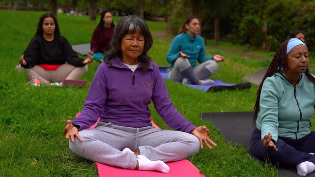 Group of multi generational women doing yoga meditation at city park - Multiracial people, healthy lifestyle and consciousness concept
