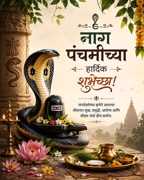 Traditional Nag Panchami Hindu festival celebrating Lord Shiva, Vasuki serpent, Shiva Lingam, sacred worship rituals, Indian spirituality, premium religious banner with generous copy space