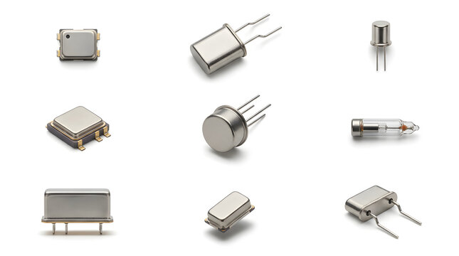 Collection of various electronic components including quartz crystal oscillators and resonators for electronic devices