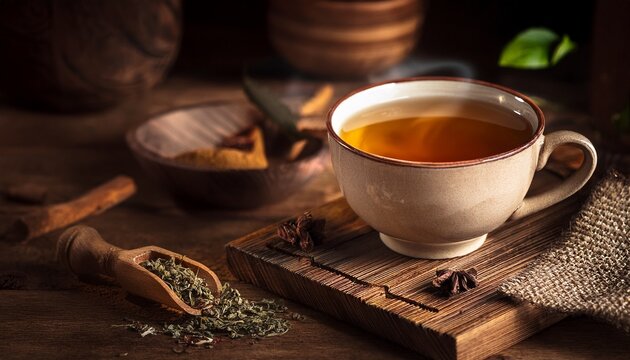 a dramatic still life of a calm herbal tea cup featuring earthy tones and rustic textures evoking a sense of warmth and tranquility