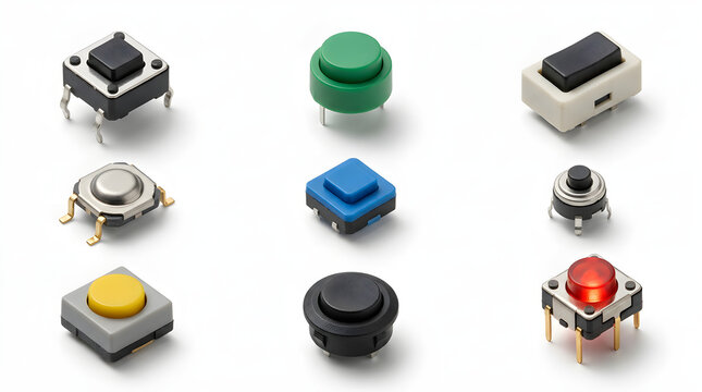 Set of various electronic push button tactile switches isolated on white background
