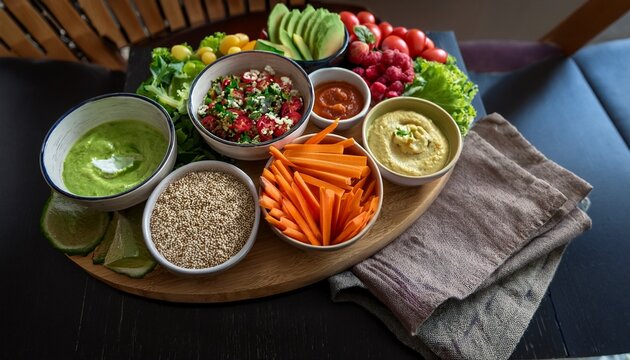 a vibrant and healthy food platter featuring grain bowls and raw vegetable platters with fresh dips and linen napkins