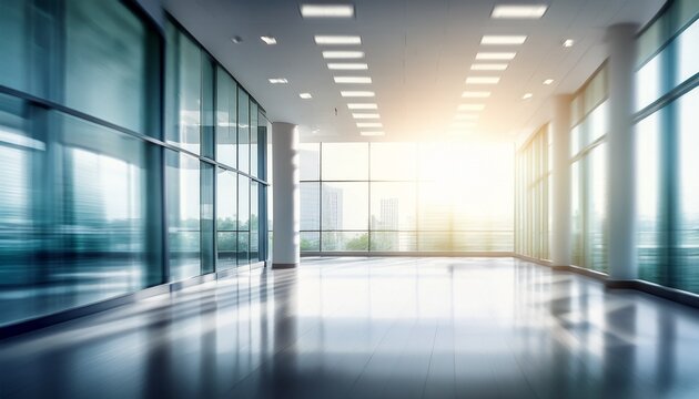 abstract blurred background of a modern bright and spacious empty office interior with large panoramic windows
