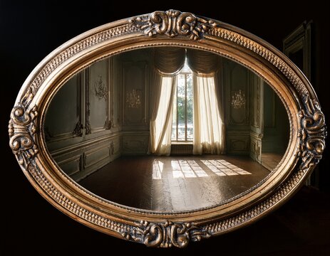 an antique oval mirror reflecting a shadowy interior
