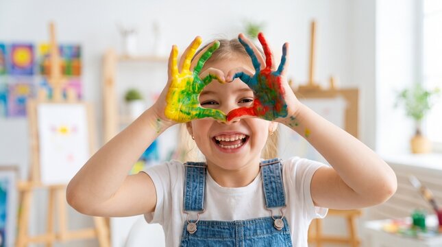 Joyful child with hands painted in rainbow colors forming a heart shape in an art studio