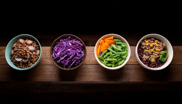 four bowls of colorful vegetarian grain salads featuring green beans mushrooms lentils and red cabbage on a wooden table