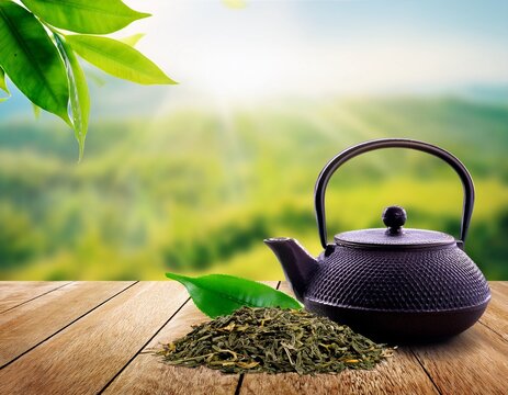 green tea leaves and teapot on wooden table with nature background