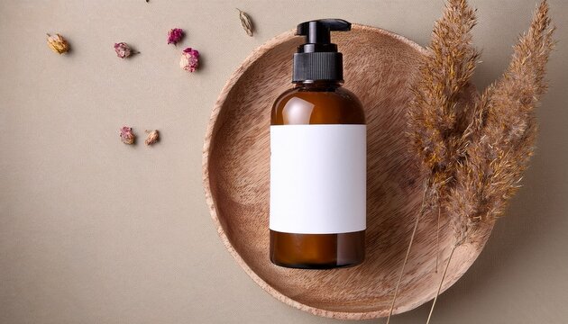 mockup of cosmetic bottles with blank label and dried flowers natural organic cosmetics