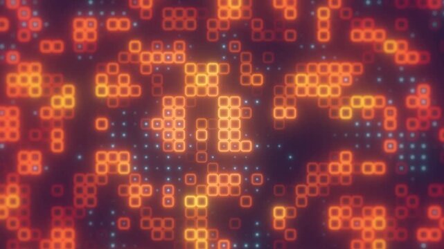 Glowing orange square outlines and small blue dots form a colorful digital grid pattern