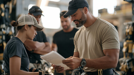 Obraz premium A zipline guide team works a forested industrial equipment bay, a diverse group reviewing harness systems as one colleague shares documentation explaining a hidden medical
