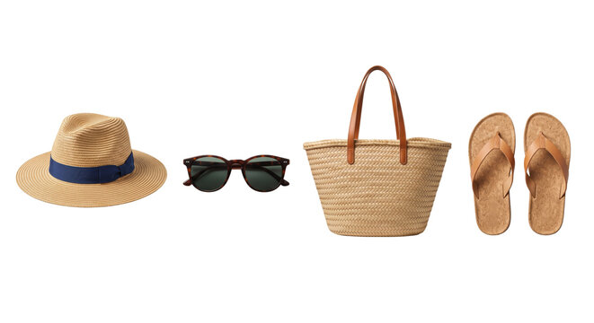 Summer vacation accessories set with hat sunglasses woven bag and sandals