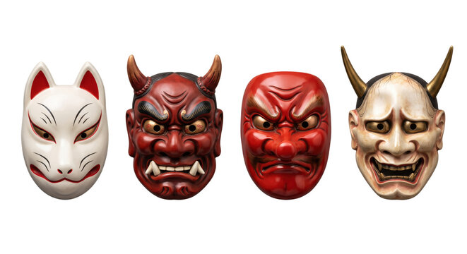 Traditional Japanese folklore demon and spirit masks set