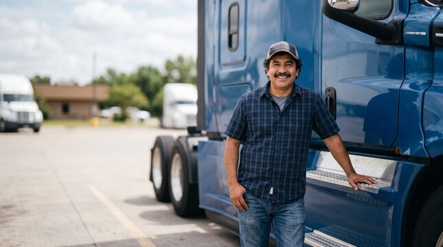 Smiling truck driver stands beside a blue semi truck at a busy transport depot with generous copy space