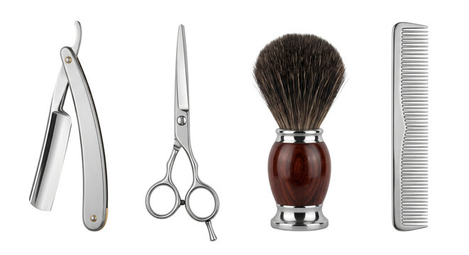 Vintage barber grooming tools set with straight razor scissors brush comb