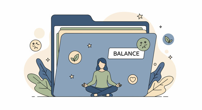 Woman meditates on a big folder for work life balance and mental health flat style