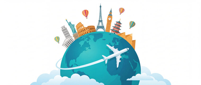 Travel concept with airplane around globe featuring famous world landmarks, colorful hot air balloons, and soft white clouds in a clean flat illustration style for tourism design