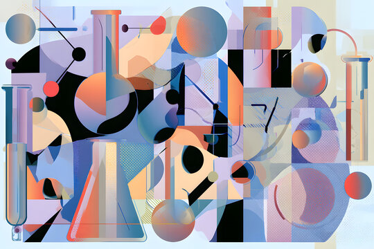 Abstract Art Inspired by Science: This composition draws inspiration from scientific elements such as beakers, test tubes, or molecular structures, created by AI