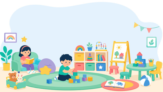 Two children play happily in a cozy, colorful room. One reads a book while curled on a soft couch. The other builds with blocks on a green rug. Bright toys and furniture surround them everywhere