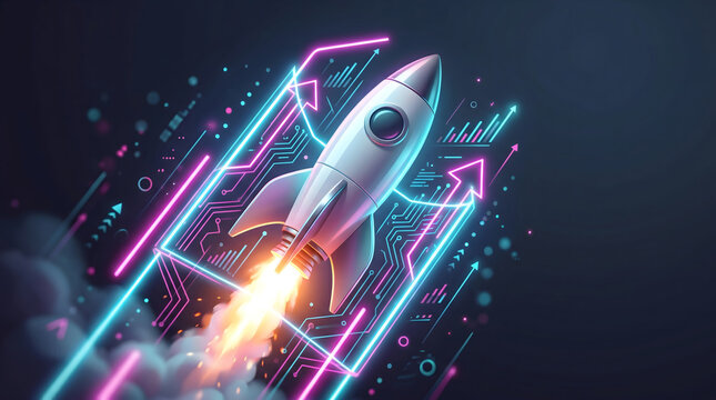 Minimal Startup, Launch. Illustration of rocket taking off, startup concept, background with neon lights Generative AI