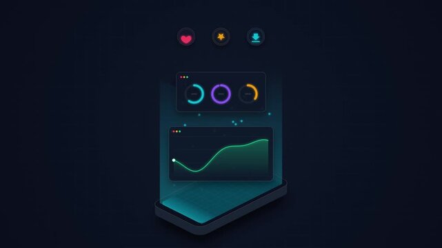 Abstract digital dashboard interface with colorful data visualization charts and graphs on dark background.