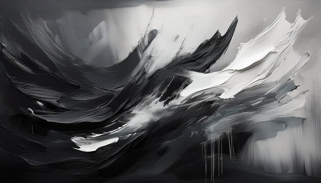 abstract painting with a black and white color scheme featuring bold brushstrokes against a dark background