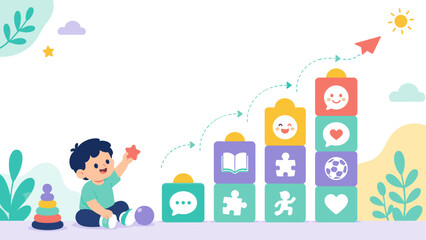 Child sits beside colorful blocks with learning symbols. Each block features a cheerful icon like books, puzzles, or hearts. Arrow points upward, showing growth and progress