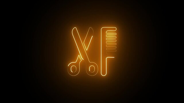 Glowing neon hair salon animation: barber scissors and comb sign for beauty and hairdressing business branding