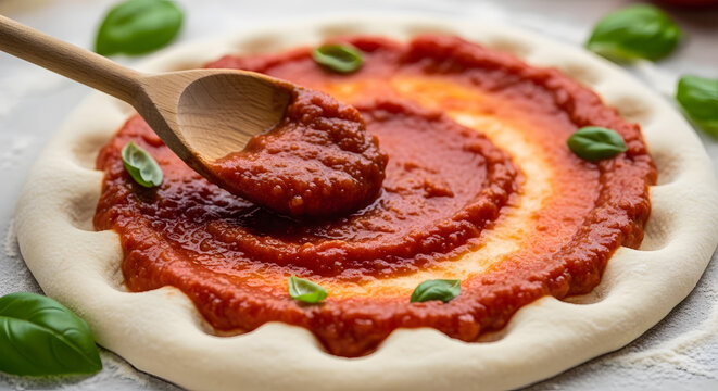 Pizza dough gets a generous spread of tomato sauce applied by a wooden spoon during preparation.