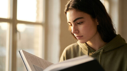 Naklejka premium Thoughtful Young Woman Reading Book in Warm Sunlight near Window